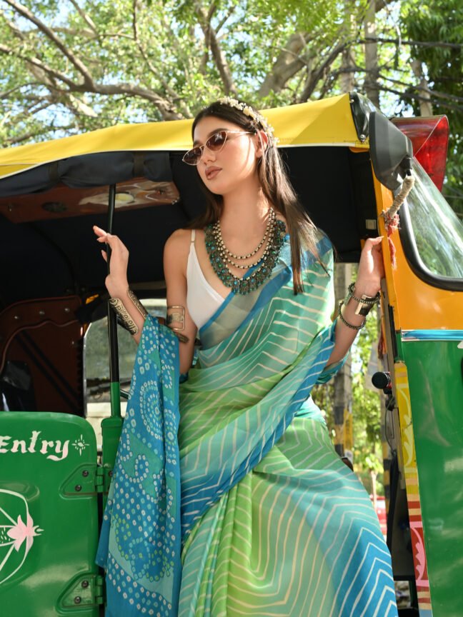 The Ocean-Core Leheriya Saree Set with Boho-Chic