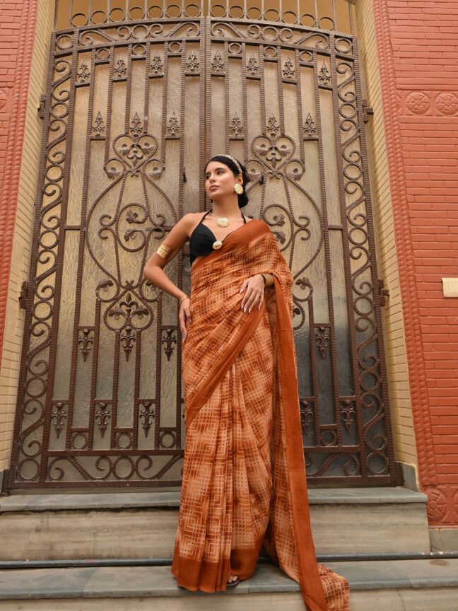 The "Desi Core" Rust Grid Saree Set