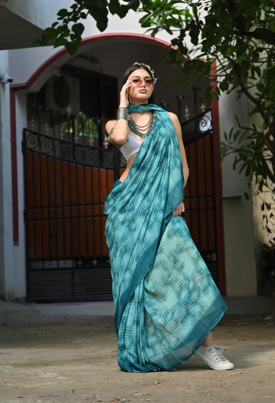 The "Cyber-Teal Matrix" Mulmul Saree
