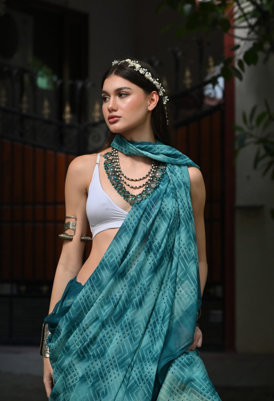 The "Cyber-Teal Matrix" Mulmul Saree Alternate