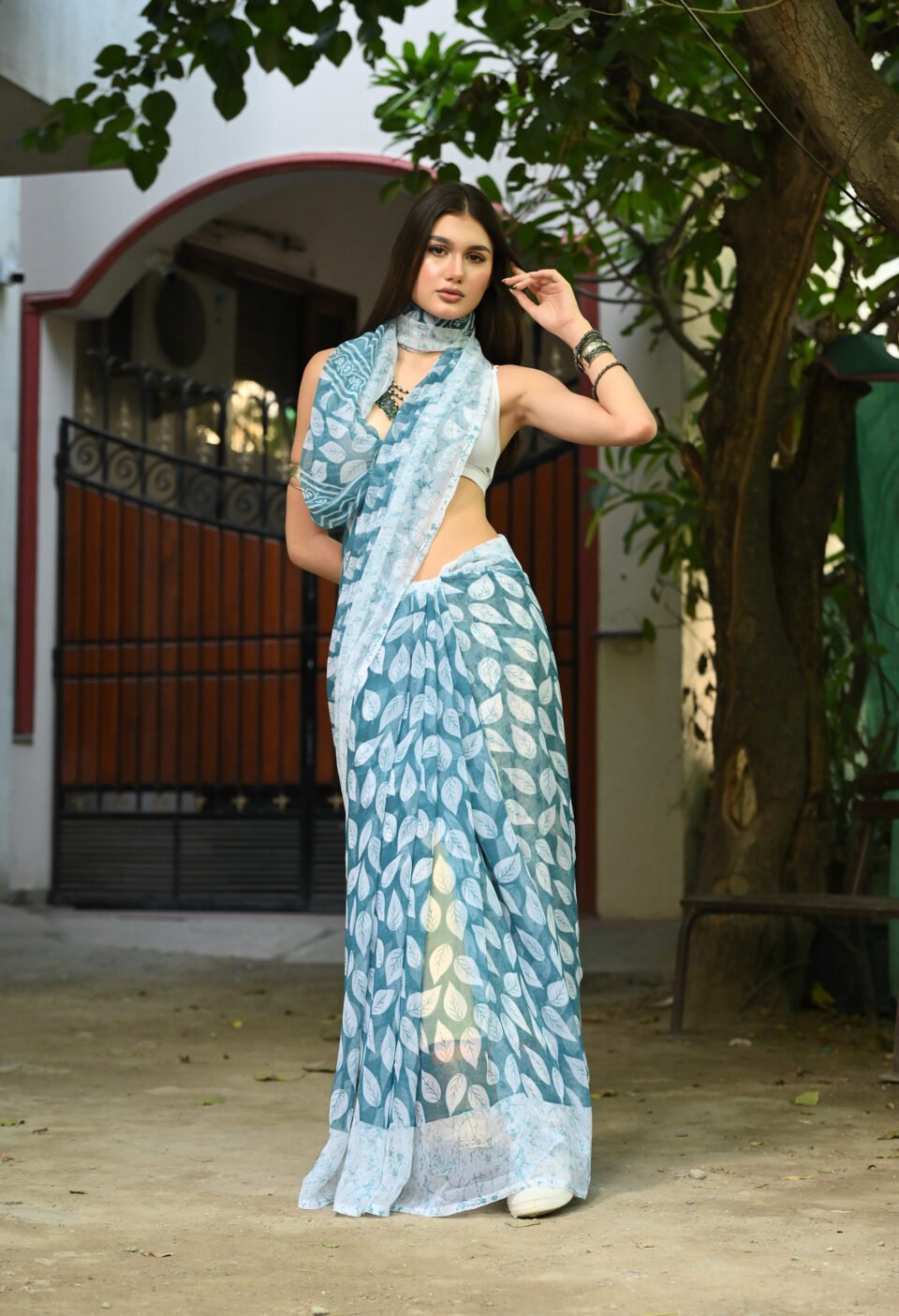 The "Y2K Indo-Western" Slate Leaf Saree Alternate
