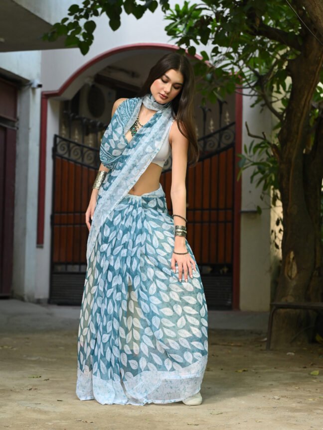 The "Y2K Indo-Western" Slate Leaf Saree