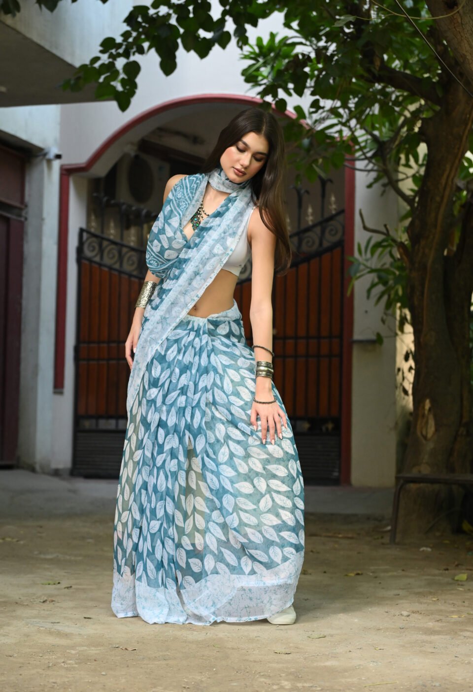 The "Y2K Indo-Western" Slate Leaf Saree