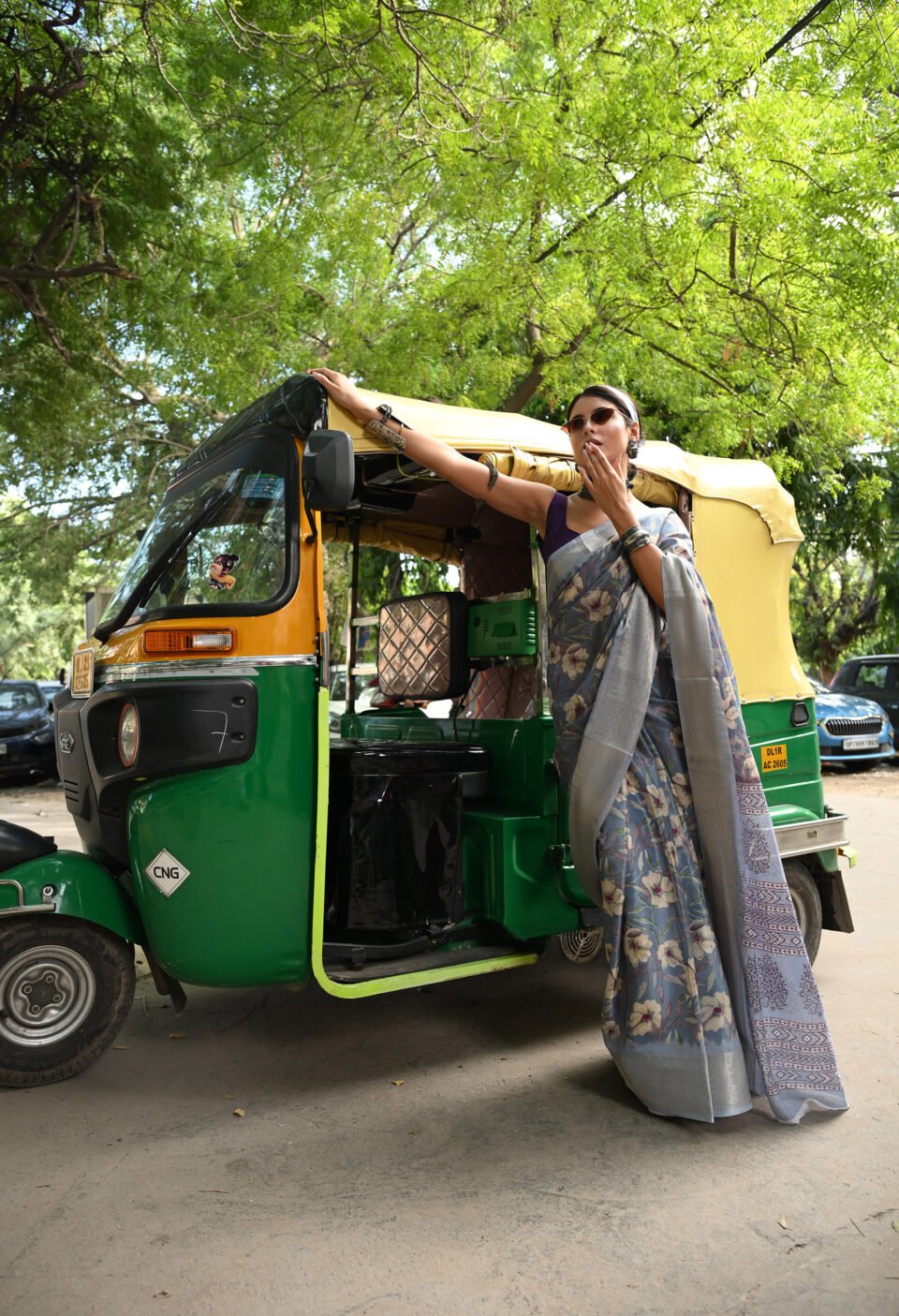 The "Retro Street-Chic" Steel Blue Floral Saree