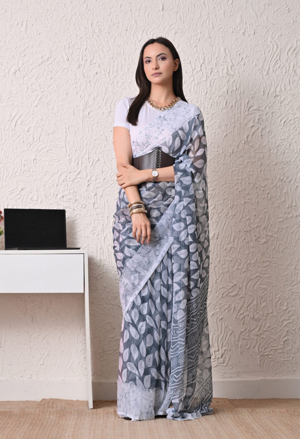 The "Goth-Academic" Slate & Corset Saree Alternate