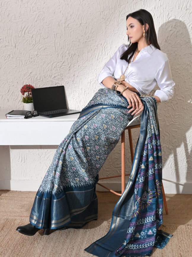 The "Office CEO" Steel Blue Silk Saree