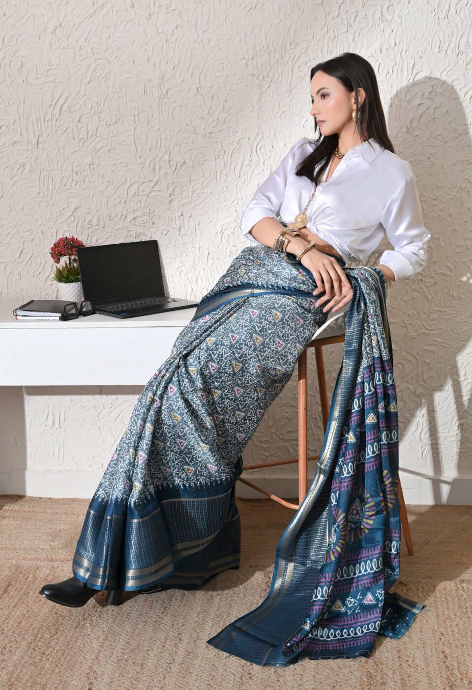 The "Office CEO" Steel Blue Silk Saree