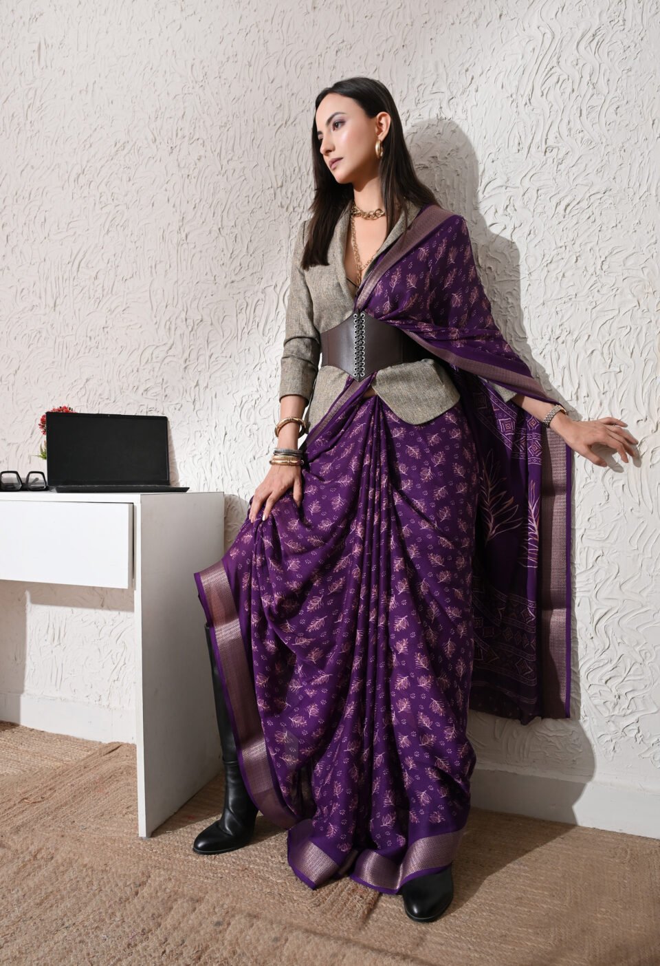 The "Corporate Rebel" Royal Purple Blazer-Saree