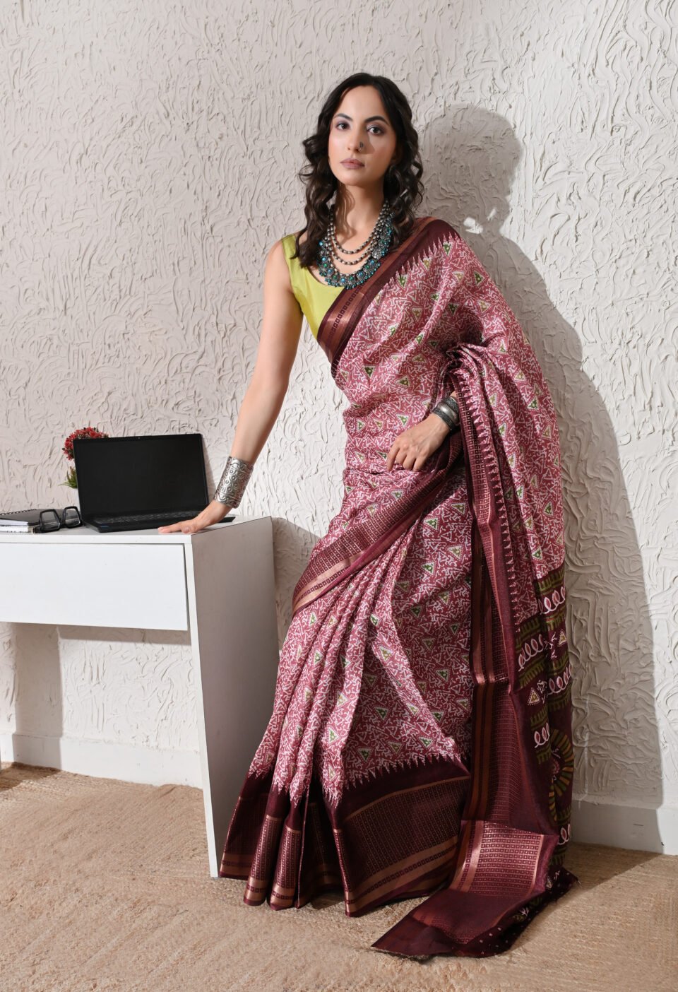 Color-Clash Connoisseur" Pastel & Olive Fusion Saree Alternate
