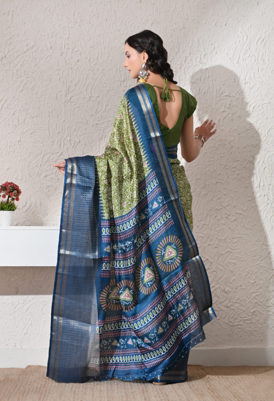 Cottagecore Corporate" Earthy Emerald & Navy Saree Alternate