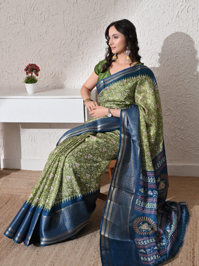 Cottagecore Corporate" Earthy Emerald & Navy Saree