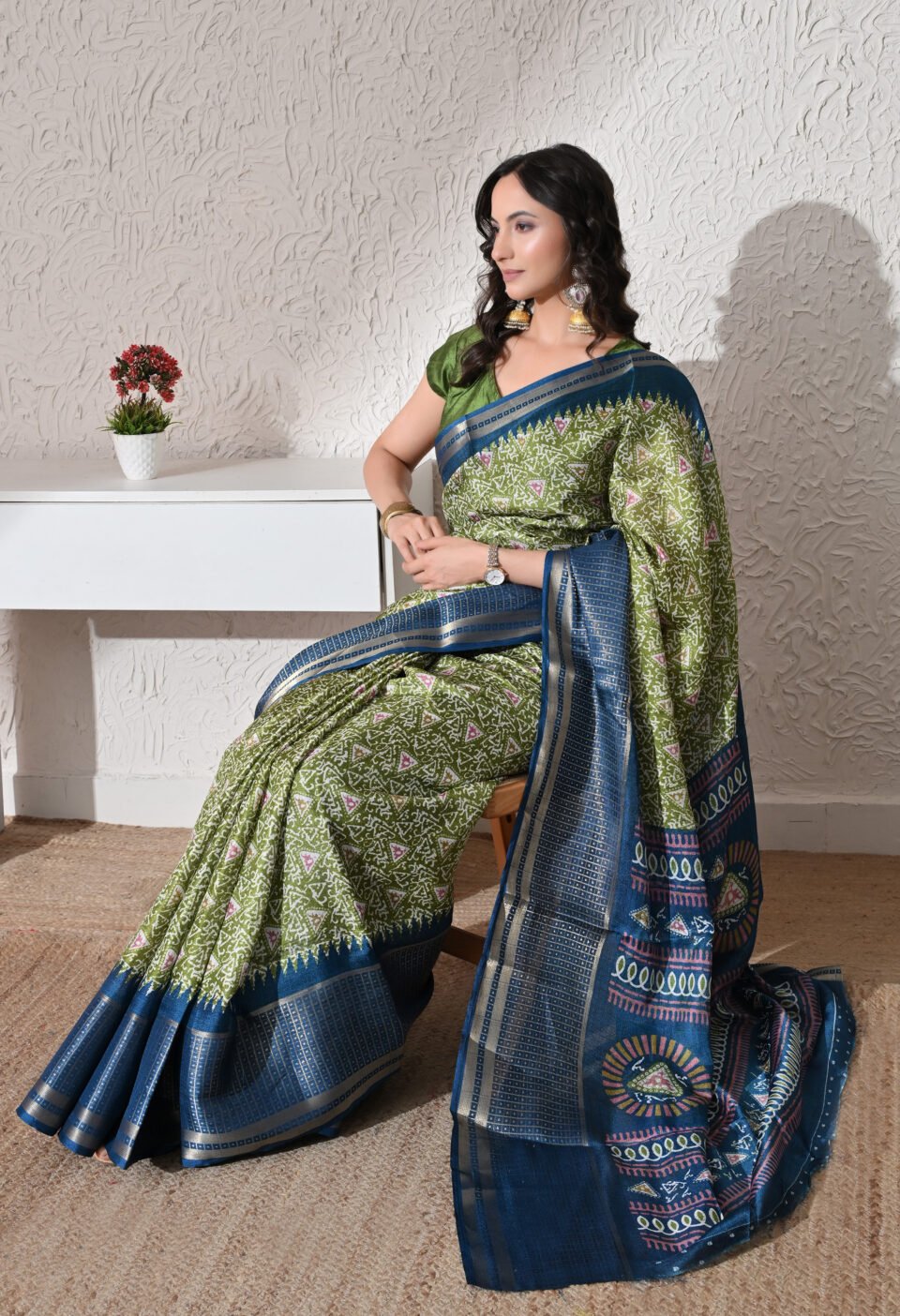 Cottagecore Corporate" Earthy Emerald & Navy Saree