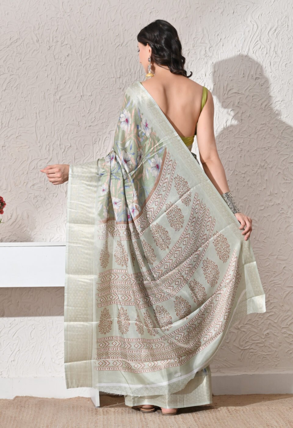 Fairycore Dreamscape" Sage & Pastel Floral Saree Alternate