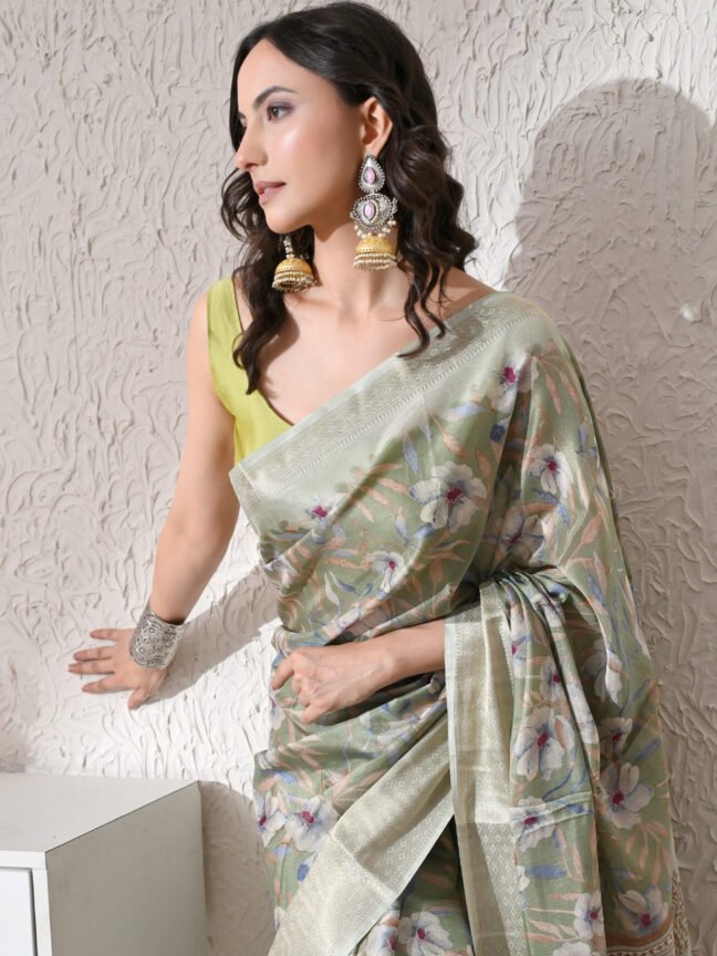 Fairycore Dreamscape" Sage & Pastel Floral Saree