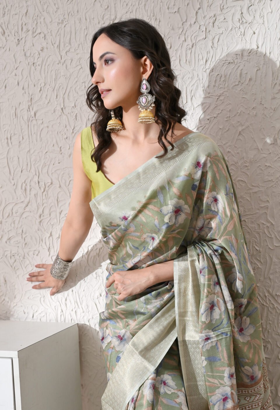 Fairycore Dreamscape" Sage & Pastel Floral Saree