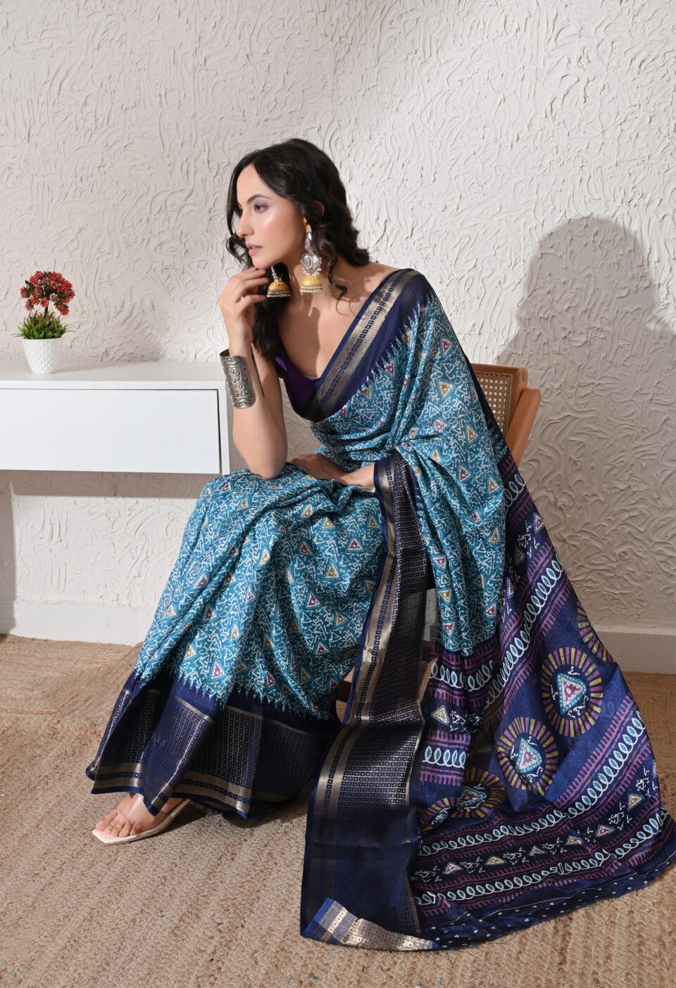 Midnight Mermaid" Electric Teal & Navy Fusion Saree