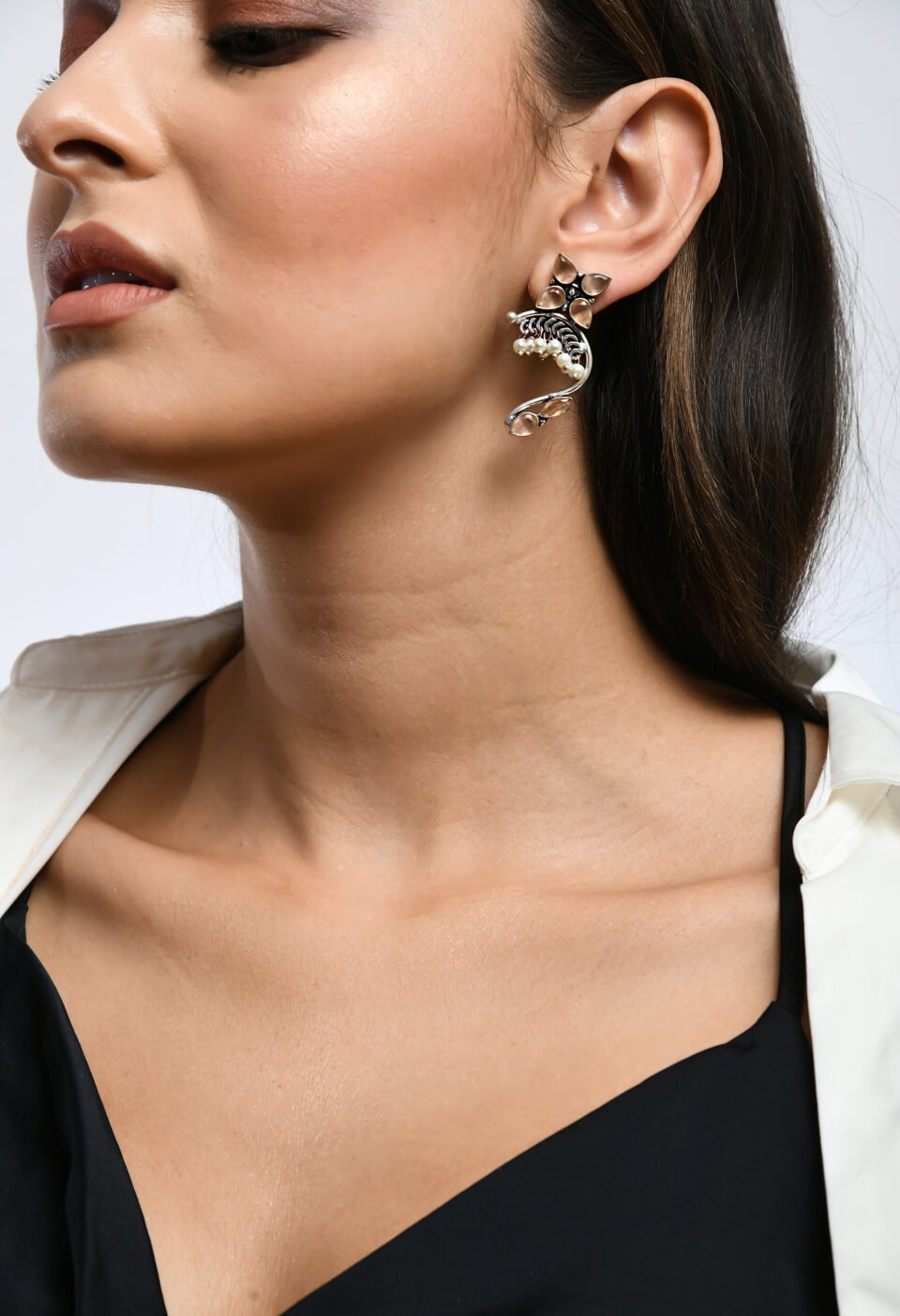 Oxidized Silver-Plated Contemporary Floral Ear Cuff Earrings with Peach Stones & Pearl Accents Alternate