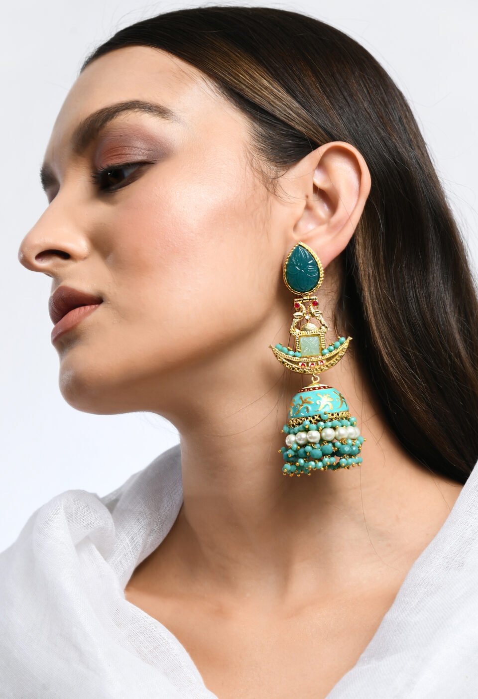 Gold-Plated Pastel Turquoise & Emerald Tiered Chandelier Jhumkas Alternate