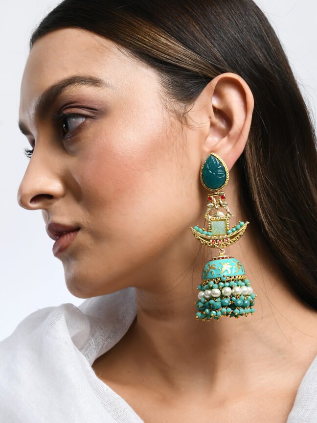 Gold-Plated Pastel Turquoise & Emerald Tiered Chandelier Jhumkas