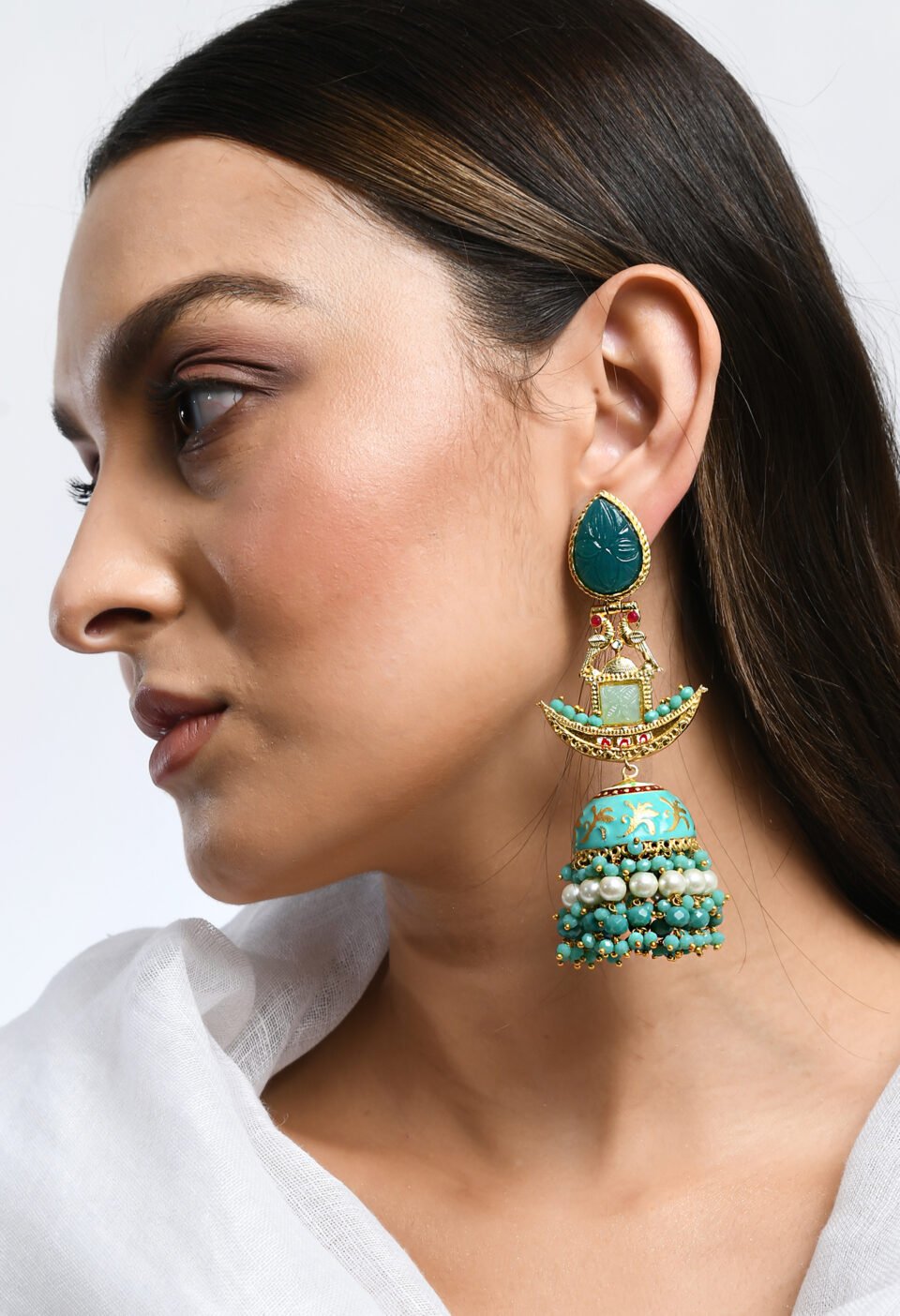 Gold-Plated Pastel Turquoise & Emerald Tiered Chandelier Jhumkas