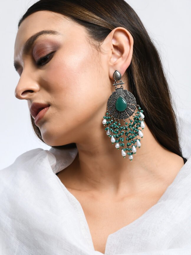 Oxidized Silver-Plated Oversized Shield Drop Earrings