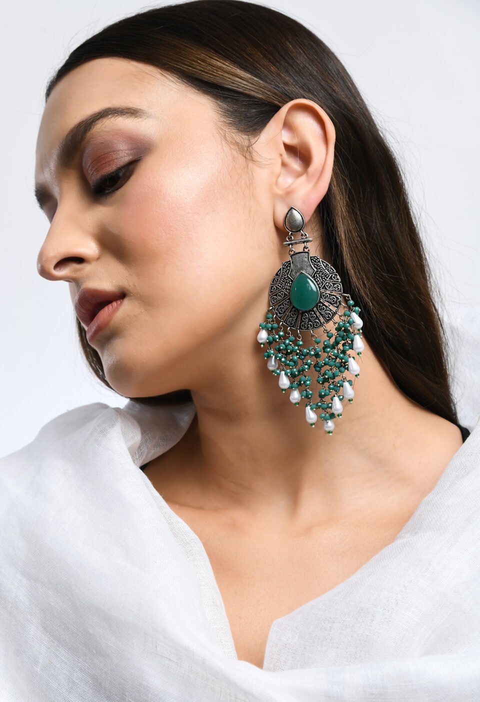 Oxidized Silver-Plated Oversized Shield Drop Earrings