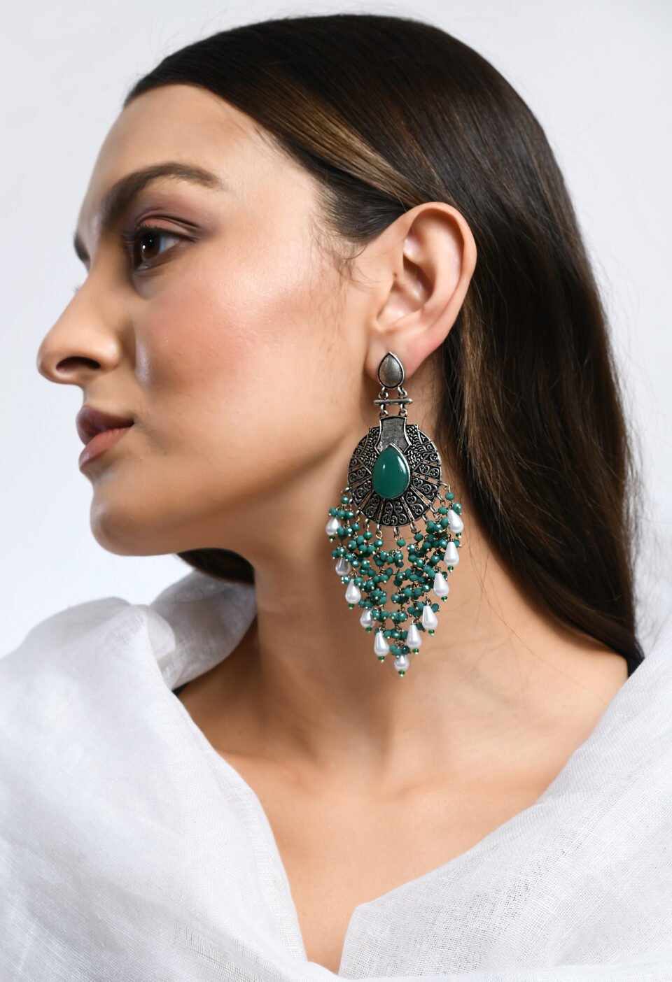 Oxidized Silver-Plated Oversized Shield Drop Earrings Alternate