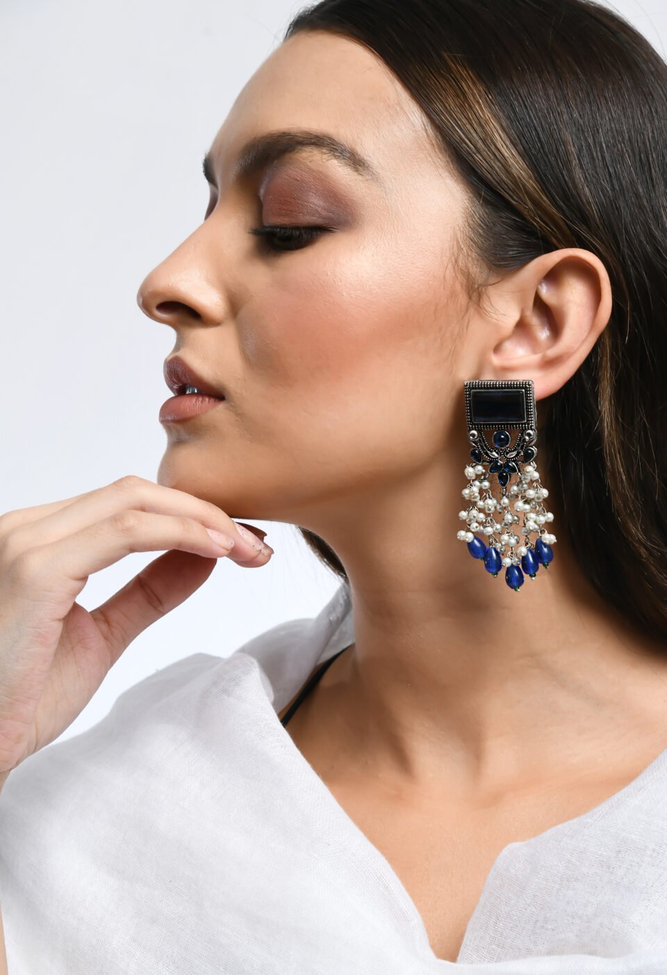 Oxidized Silver-Plated Rectangular Stud Chandelier Earrings with Blue Stones and Pearl Drops
