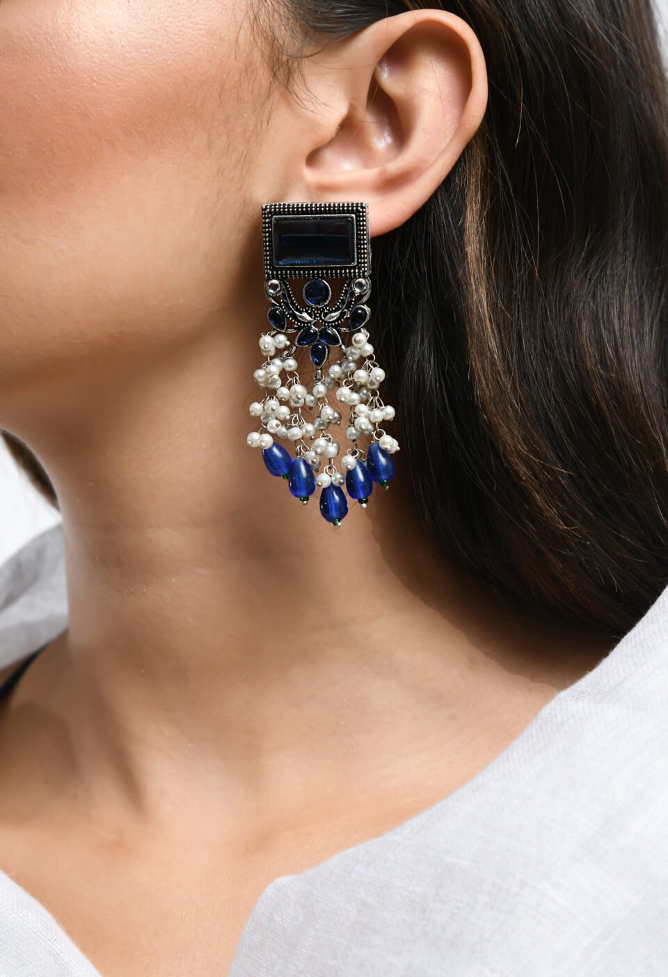 Oxidized Silver-Plated Rectangular Stud Chandelier Earrings with Blue Stones and Pearl Drops Alternate