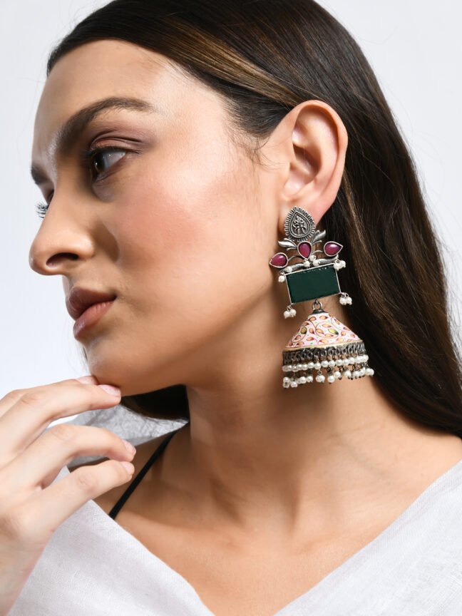 Oxidized Silver Multi-Tiered Meenakari Jhumkas with Ruby