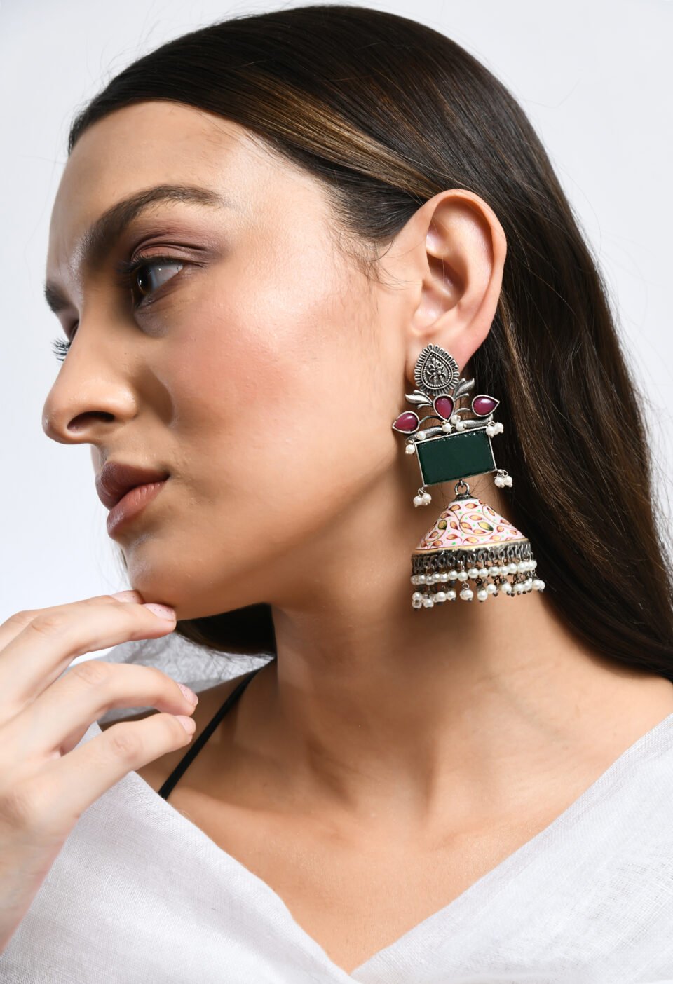 Oxidized Silver Multi-Tiered Meenakari Jhumkas with Ruby