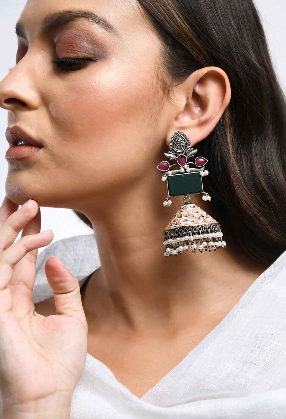 Oxidized Silver Multi-Tiered Meenakari Jhumkas with Ruby Alternate