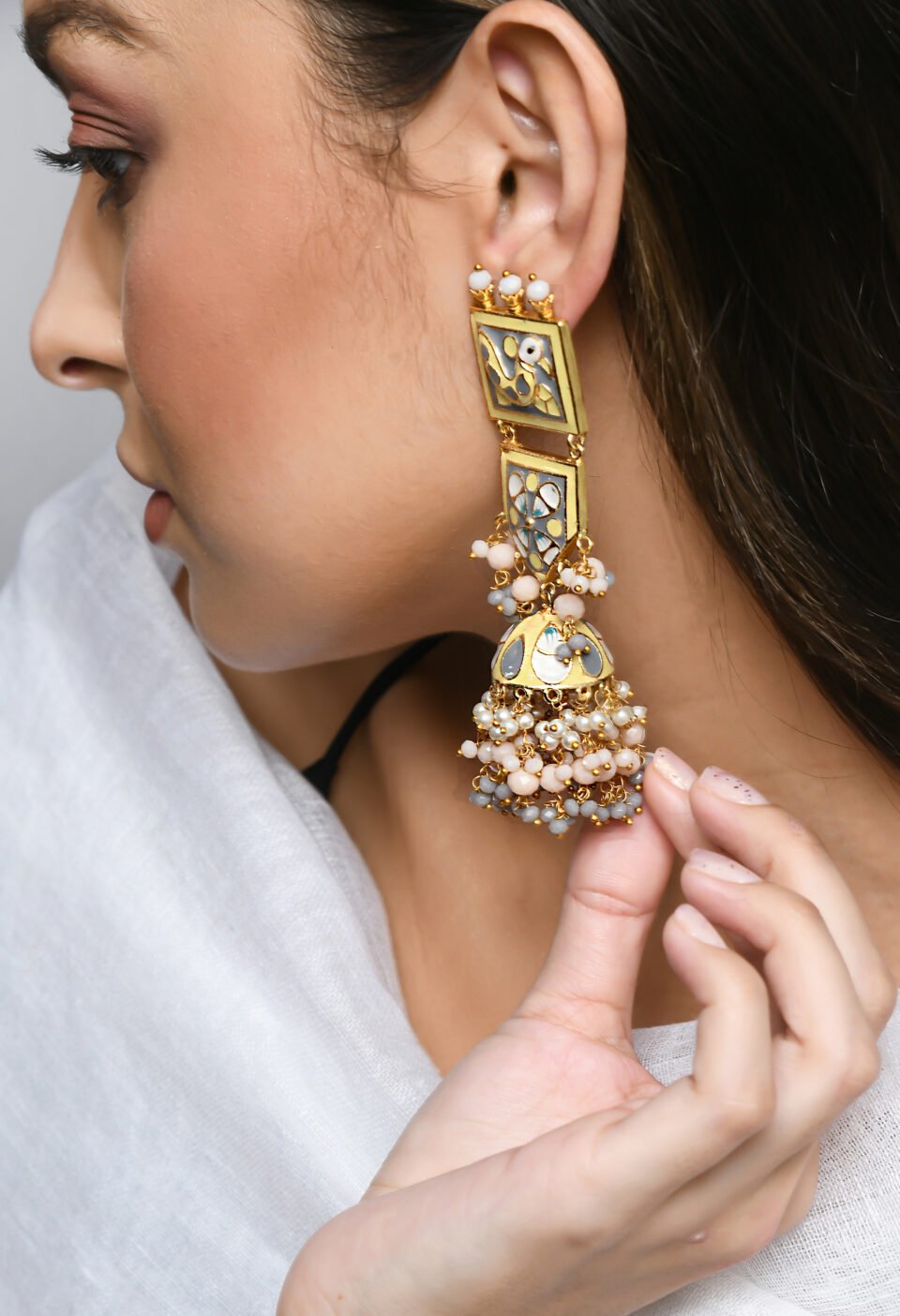 Gold-Plated Tiered Meenakari Jhumka Earrings with Bird Motif Alternate
