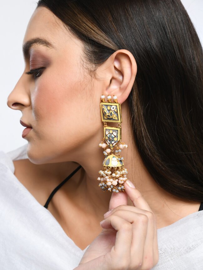 Gold-Plated Tiered Meenakari Jhumka Earrings with Bird Motif
