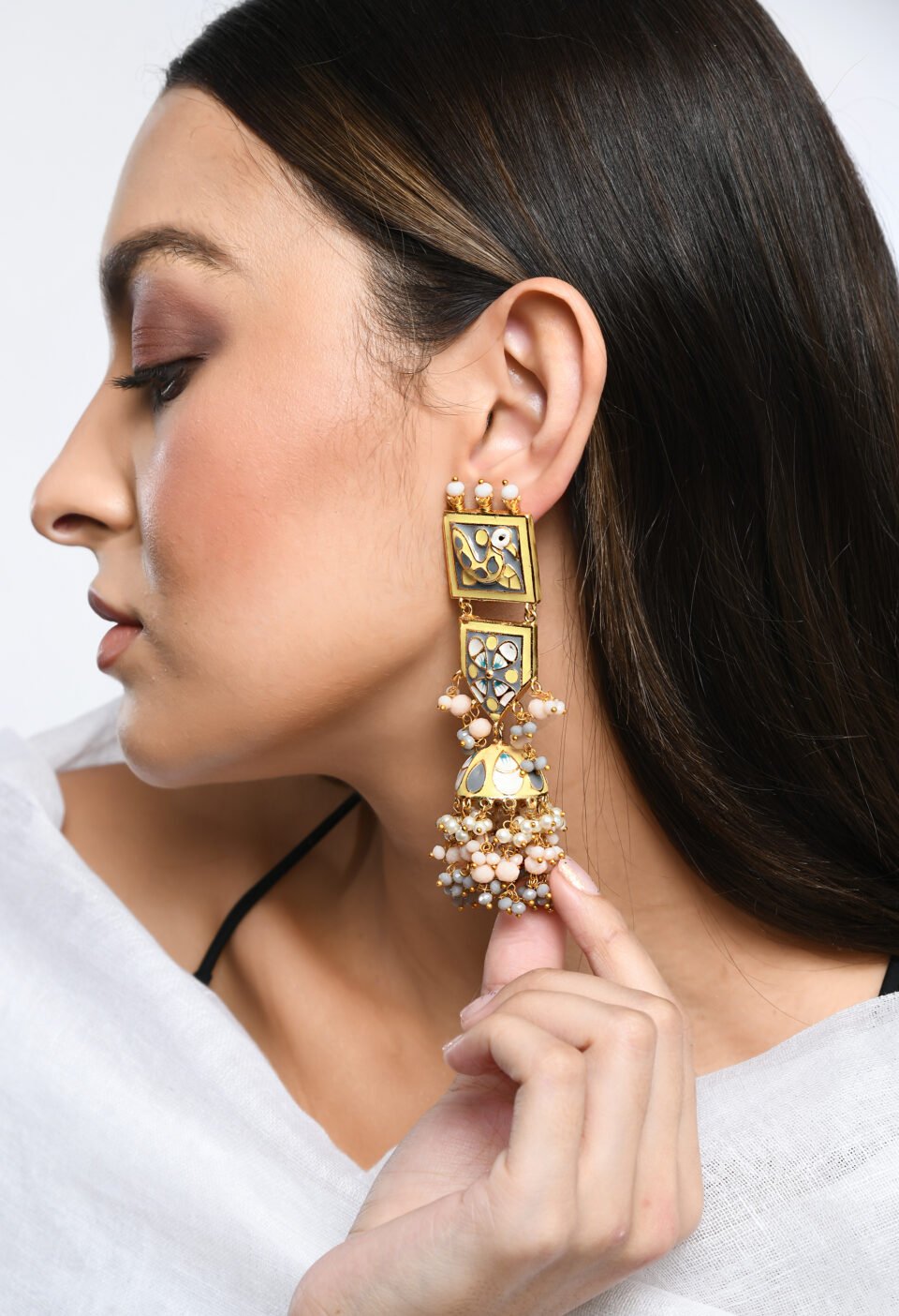 Gold-Plated Tiered Meenakari Jhumka Earrings with Bird Motif