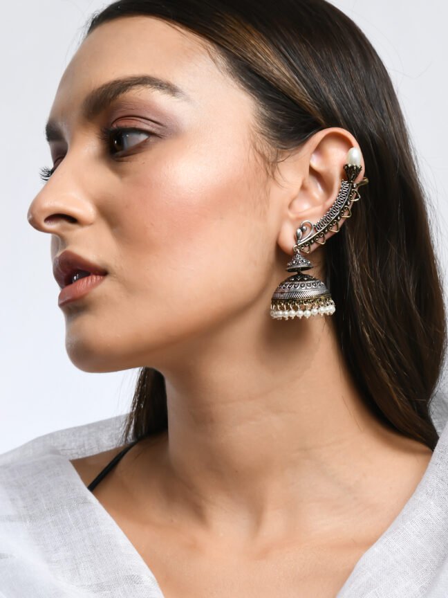 Oxidized Silver-Plated Tribal Ear Cuff Jhumka Earrings with Pearl Accents