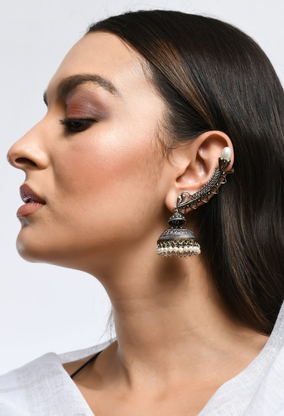 Oxidized Silver-Plated Tribal Ear Cuff Jhumka Earrings with Pearl Accents Alternate