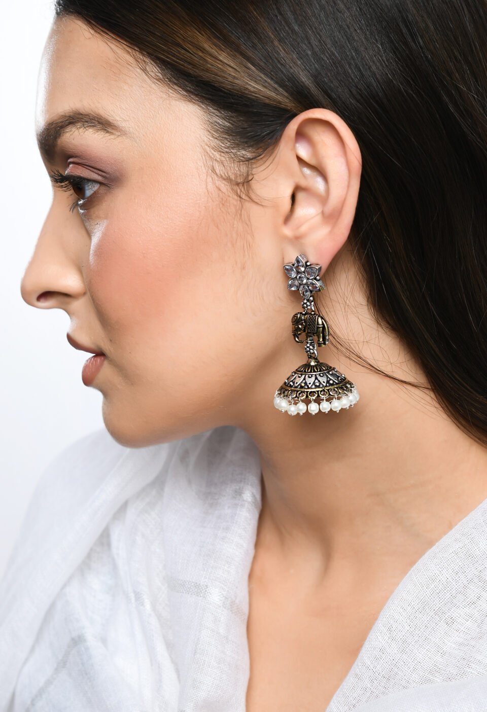 Oxidized Silver-Plated Peacock Jhumka Earrings with Peach Stone & Pearl Drops Alternate