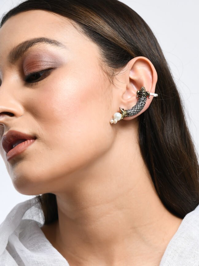 Oxidized Dual-Tone Tribal Fish Motif Ear Cuff with Pearl Drops