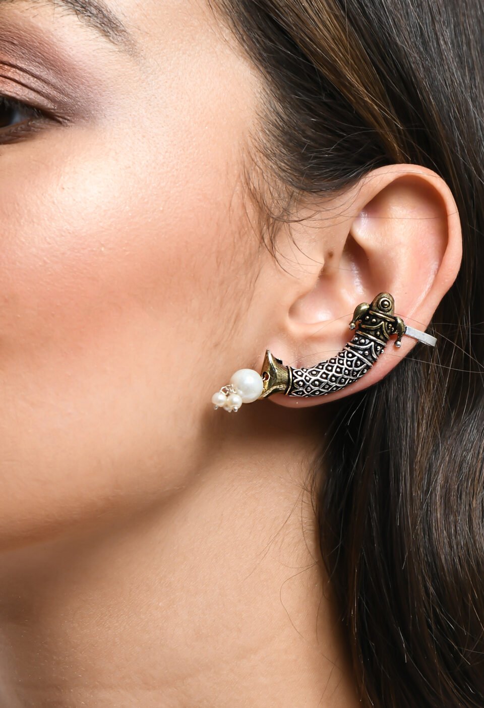 Oxidized Dual-Tone Tribal Fish Motif Ear Cuff with Pearl Drops Alternate