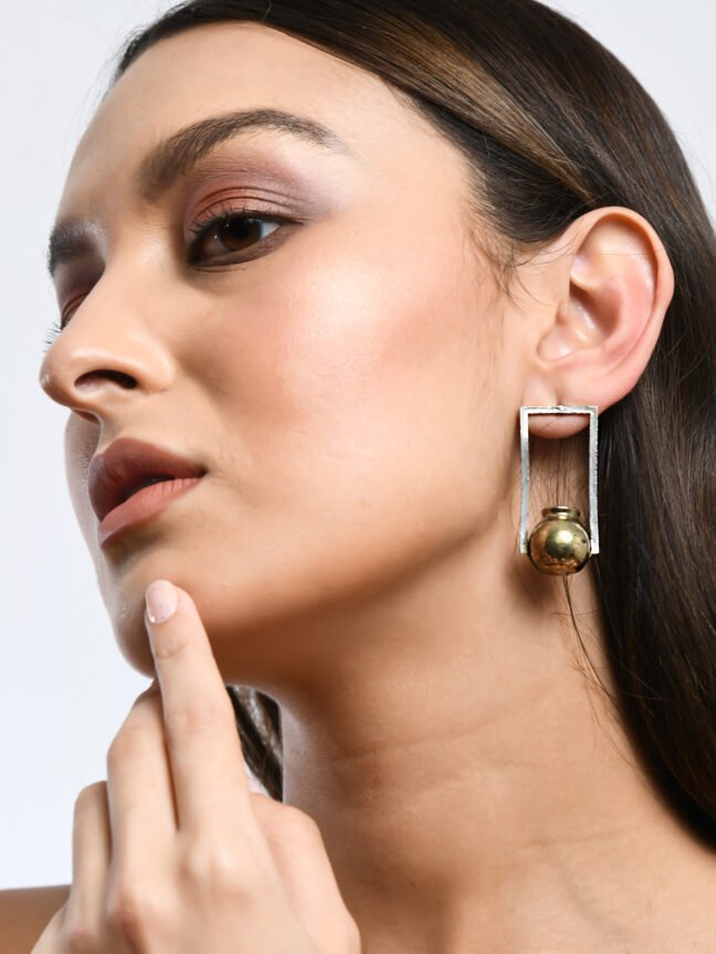 Oxidized Dual-Tone Geometric Drop Earrings with Metallic Matka (Pot) Charm
