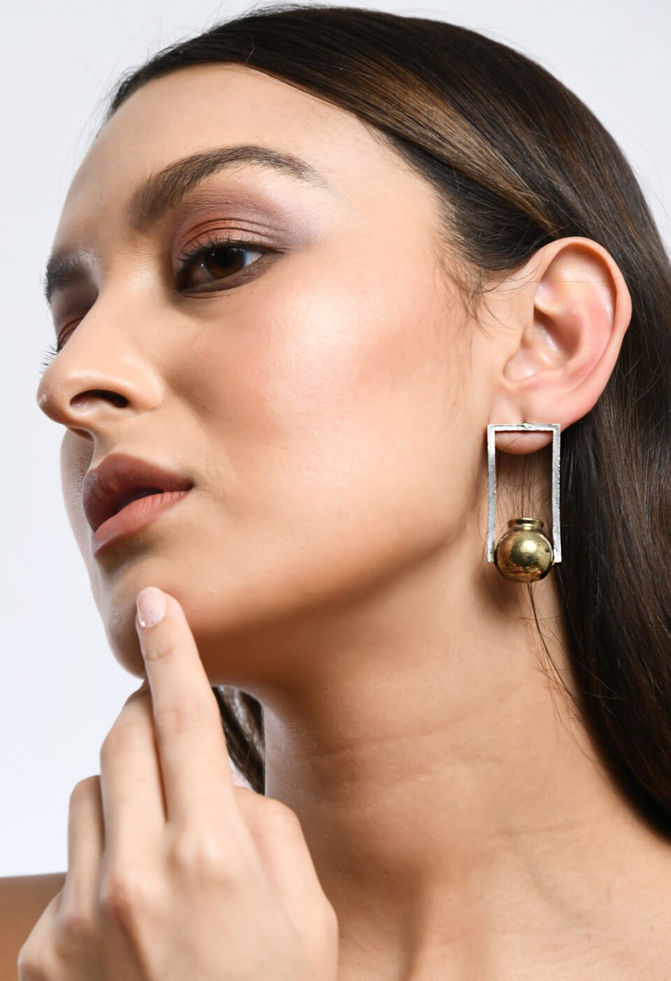 Oxidized Dual-Tone Geometric Drop Earrings with Metallic Matka (Pot) Charm