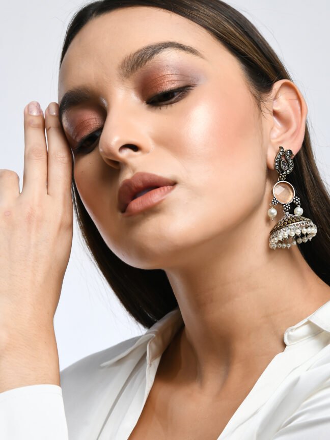 Oxidized Silver-Plated Peacock Jhumka Earrings with Peach Stone & Pearl Drops