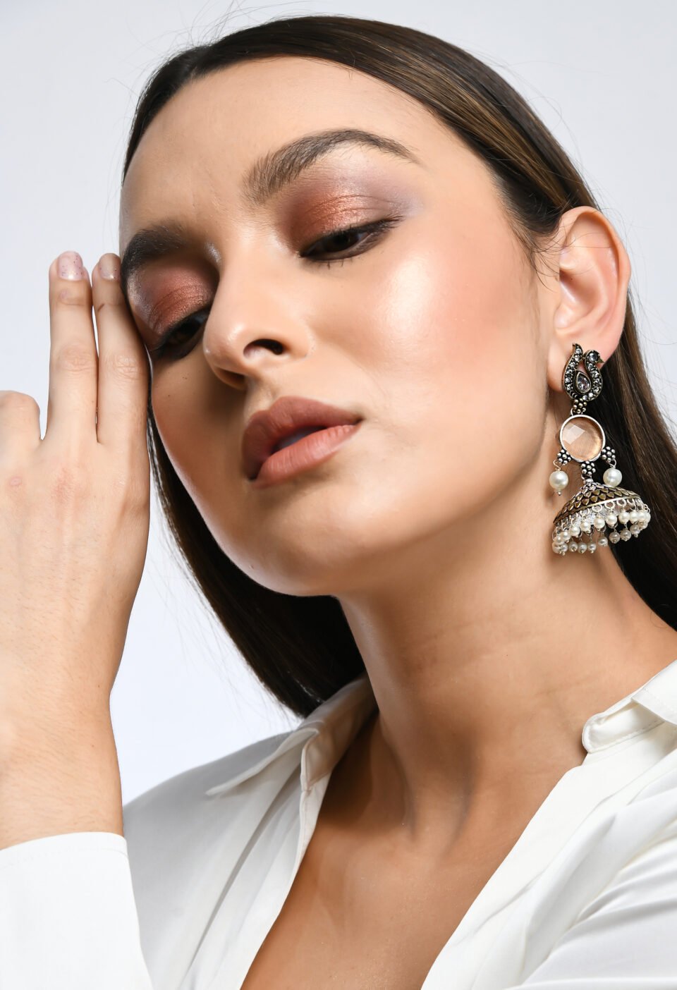 Oxidized Silver-Plated Peacock Jhumka Earrings with Peach Stone & Pearl Drops