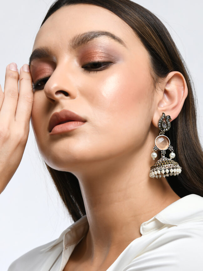 Oxidized Silver-Plated Peacock Jhumka Earrings with Peach Stone & Pearl Drops