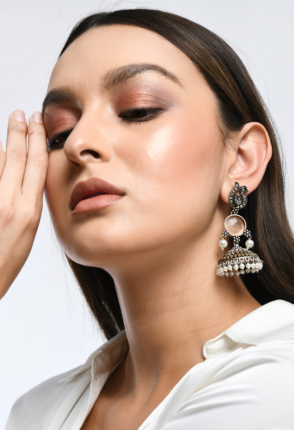 Oxidized Silver-Plated Peacock Jhumka Earrings with Peach Stone & Pearl Drops