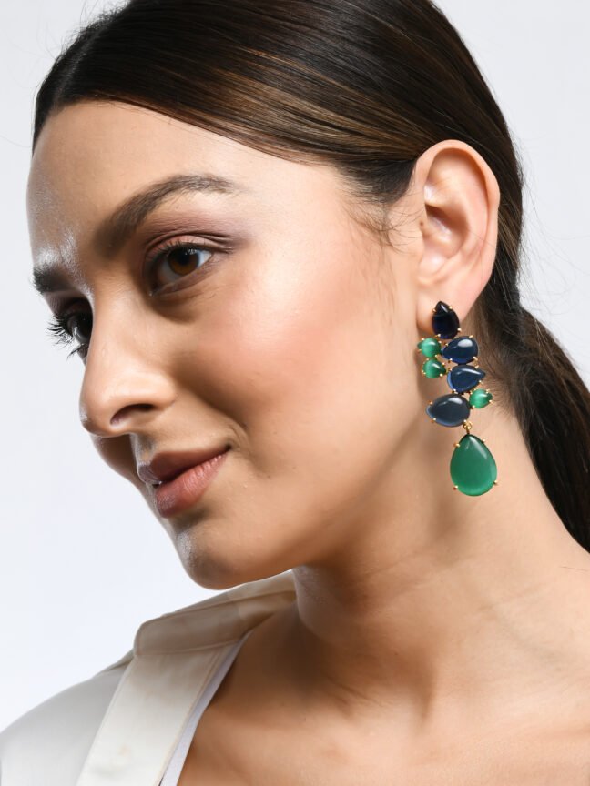 Gold-Plated Multi-Stone Cluster Drop Earrings with Opaque Blue and Green Beads