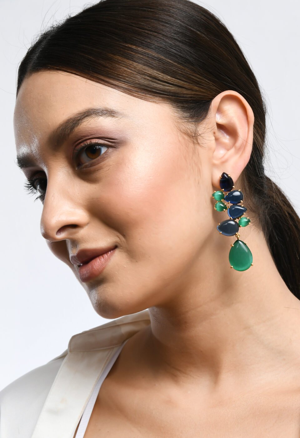 Gold-Plated Multi-Stone Cluster Drop Earrings with Opaque Blue and Green Beads