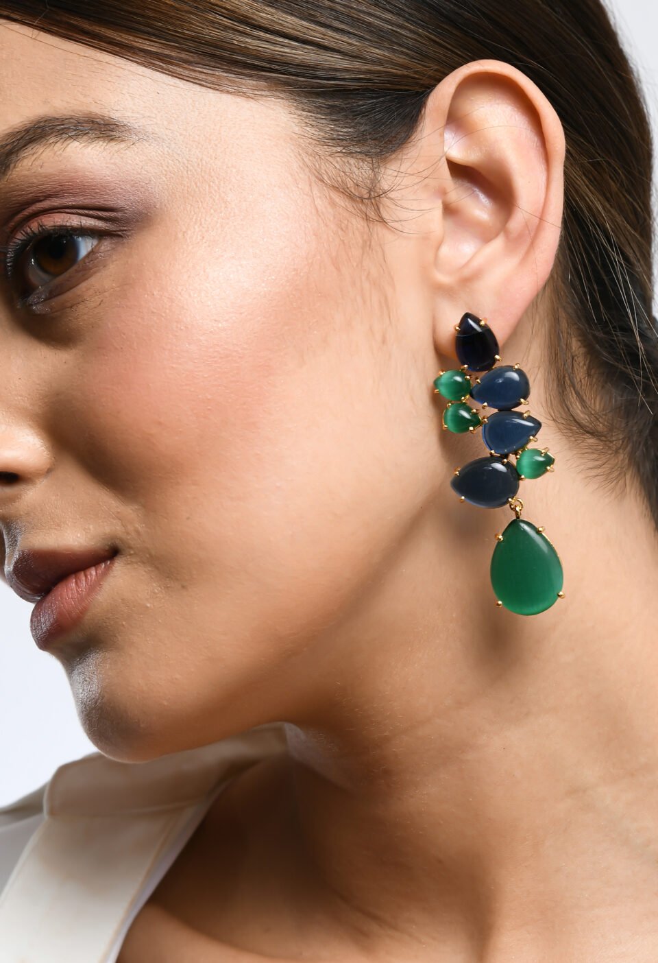 Gold-Plated Multi-Stone Cluster Drop Earrings with Opaque Blue and Green Beads Alternate