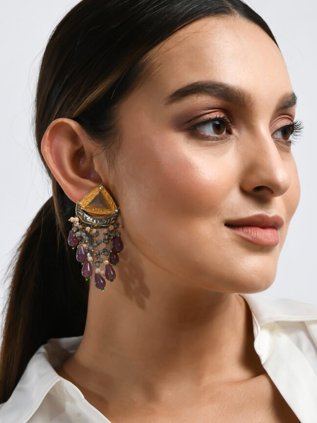 Gold-Plated Triangular Meenakari Stud Earrings with Fringe Drops